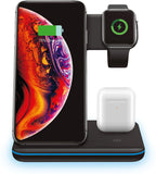 Qi Wireless Charger inkl. Netzteil USB 3-in-1 Induktives Schnellladegerät Kabellos Drahtlos Smartwatch 6/SE/5/4/3 Pods Pro/2/1 und Smartphone 12/12 Pro/11/XS/X/8 Plus (15W, Schwarz)